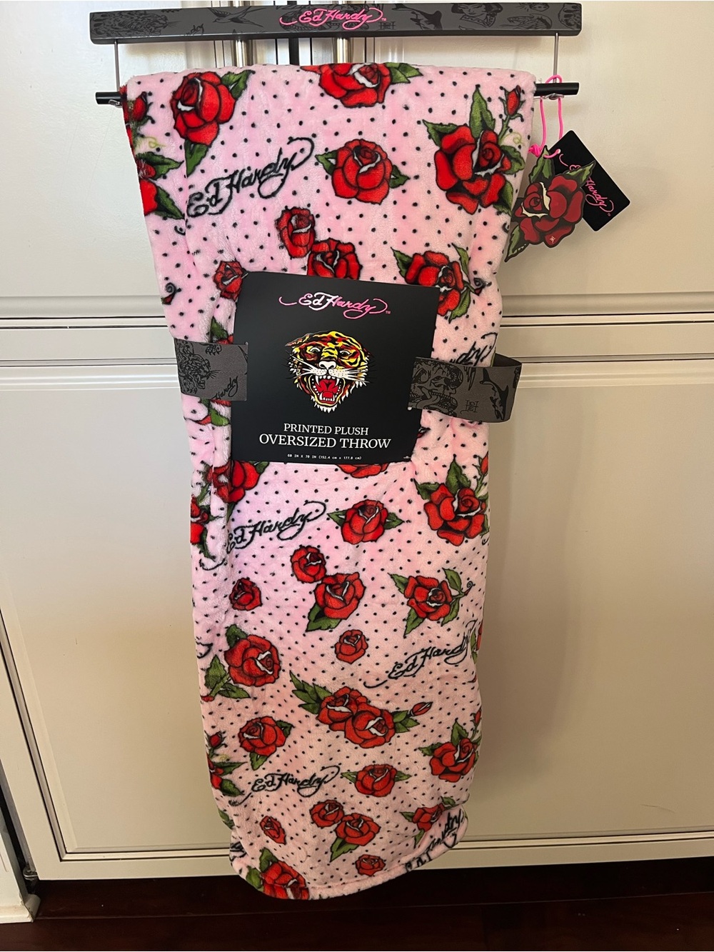 Ed Hardy Pink Background Black Polka Dots Red Roses Throw Blanket